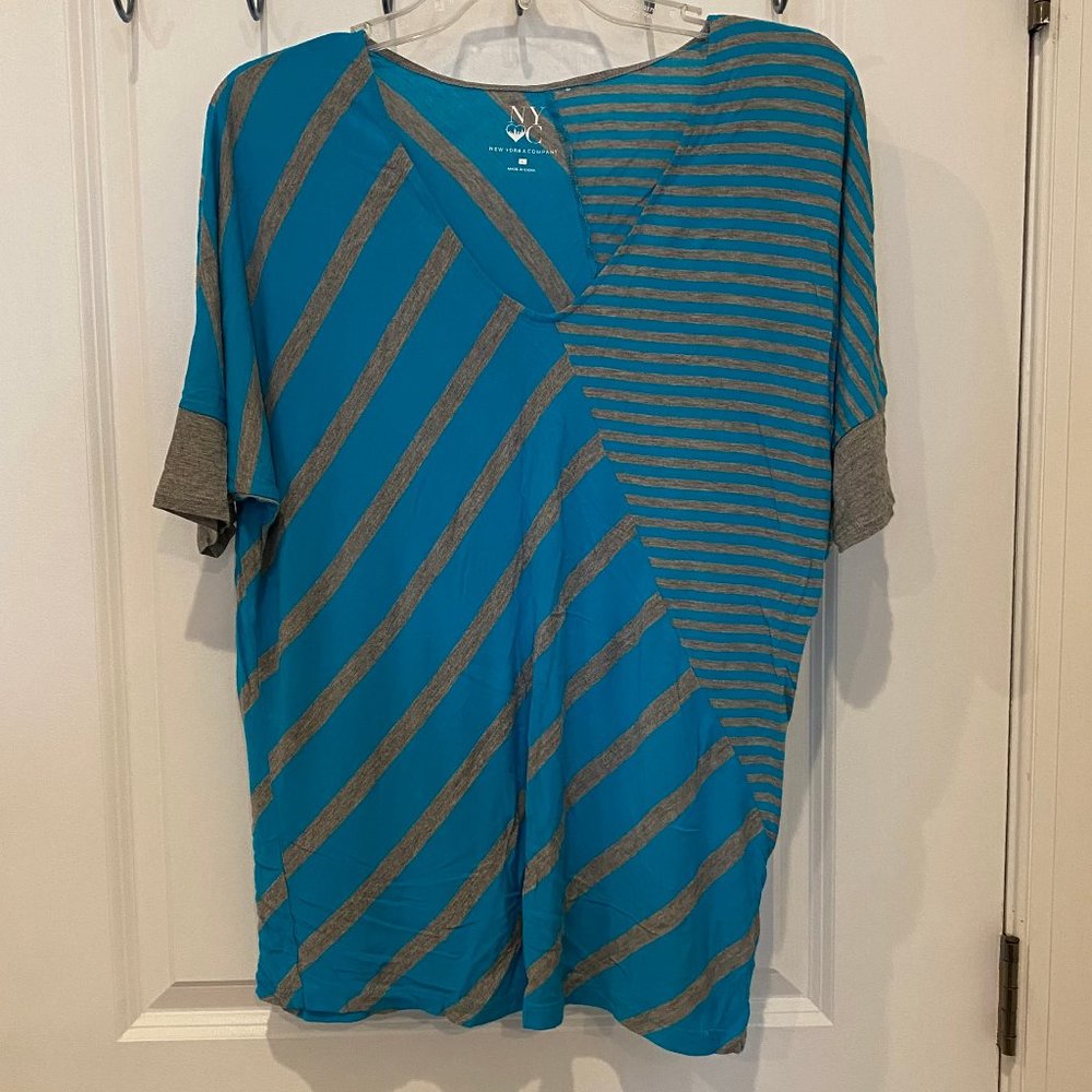 New York & Company Blue and Gray Multi-Striped Top